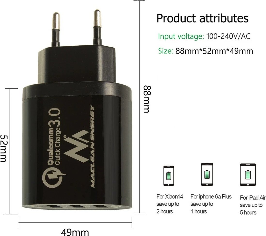 Karikues rrjeti Maclean MCE479B, 3xUSB, Quick Charge 3.0, Zi