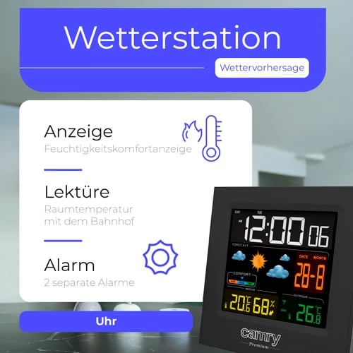 Stacion moti, Adler Camry CR 1166, ekran me ngjyra, temperaturë brenda/jashtë, higrometër, parashikim vranësirash, orë me 2 alarma, sondë e jashtme, e zezë Stacion moti, Adler Camry CR 1166, ekran me ngjyra, temperaturë brenda/jashtë, higrometër, parashikim vranësirash, orë me 2 alarma, sondë e jashtme, e zezë