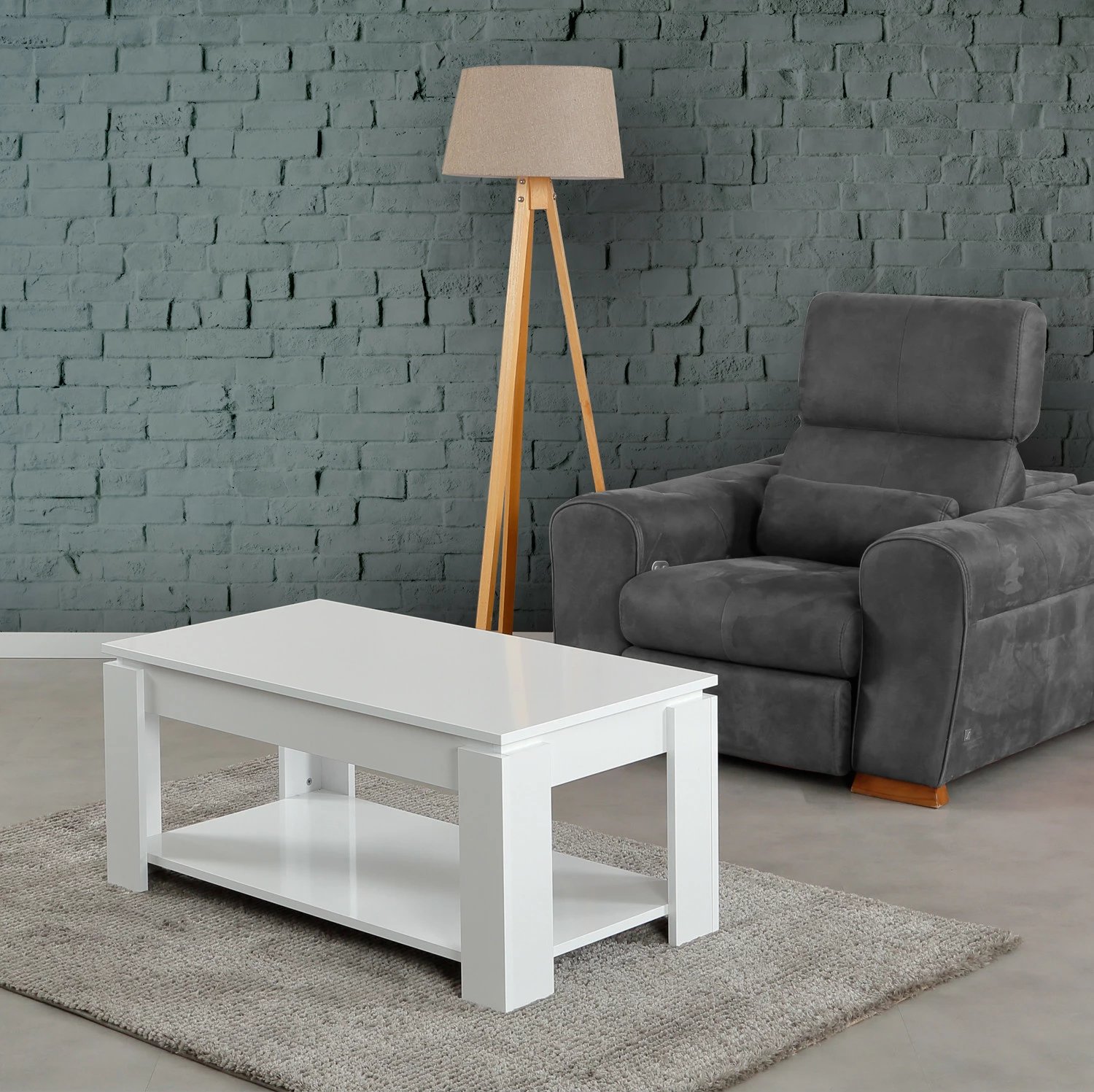 Tavolinë për kafe Hanah Home, me raft, ngjyrë e bardhë shkëlqyese