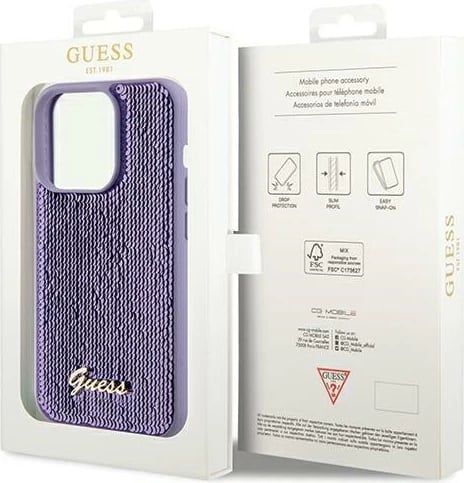 Mbështjellës Guess Sequin Script Metal për iPhone 14 Pro, vjollcë Mbështjellës Guess Sequin Script Metal për iPhone 14 Pro, vjollcë