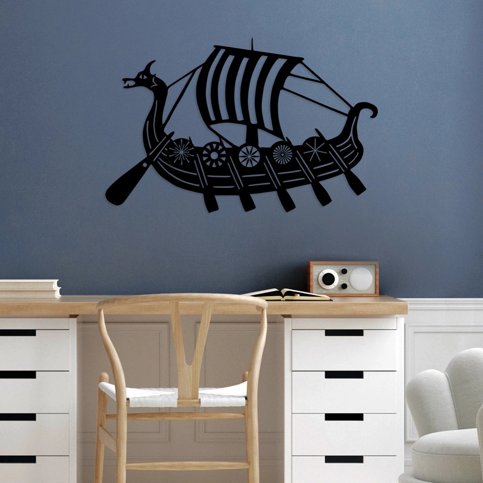 Aksesor dekorativ metalik për mur, Viking, ngjyrë e zezë, 45x70cm