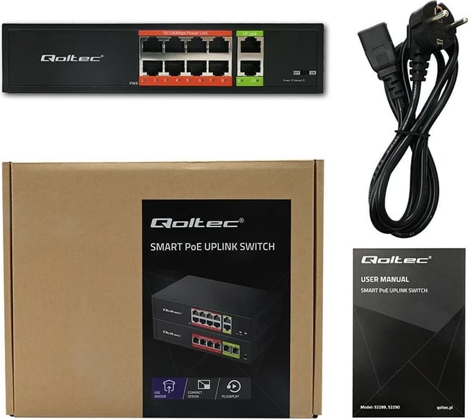 Switch Qoltec 52290 Fast Ethernet PoE 8x RJ45 + 2x RJ45 uplink 120W 10/100 Mb/s