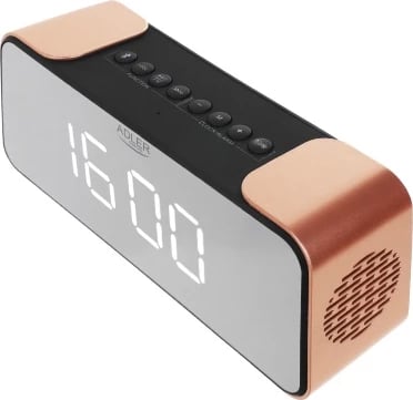 Orë alarmi me radio dhe Bluetooth, Adler AD 1190, stereo 2x3W, USB/SD/AUX, bateri 2600 mAh, ekran pasqyrë LCD i bardhë, e zezë/ngjyrë bakri