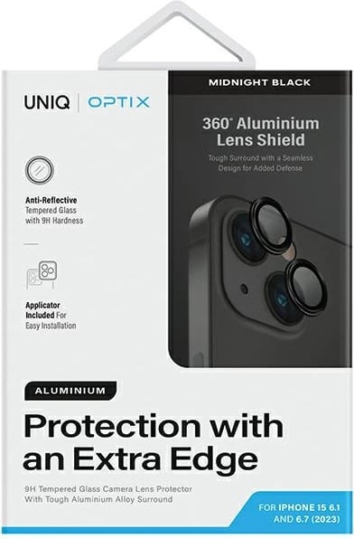 Mbrojtës lentash UNIQ Optix Glass Aluminum për iPhone 15 / 15 Plus, i zi