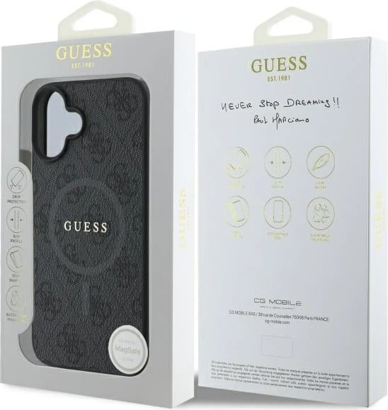 Mbështjellës Guess 4G Ring Classic Logo MagSafe për iPhone 16, e zezë Mbështjellës Guess 4G Ring Classic Logo MagSafe për iPhone 16, e zezë