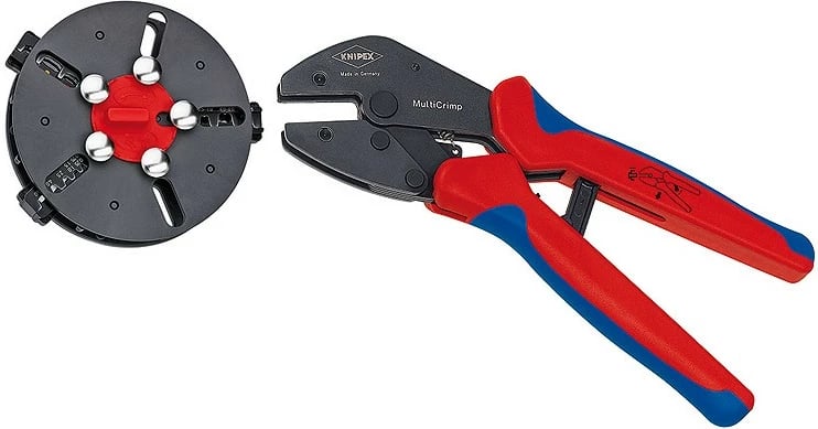 Vegël zhveshëse Knipex 97 33 01, me magazinë të rrumbullakët, 3 matrica të ndërrueshme, ngjyrë kaltër/kuqe