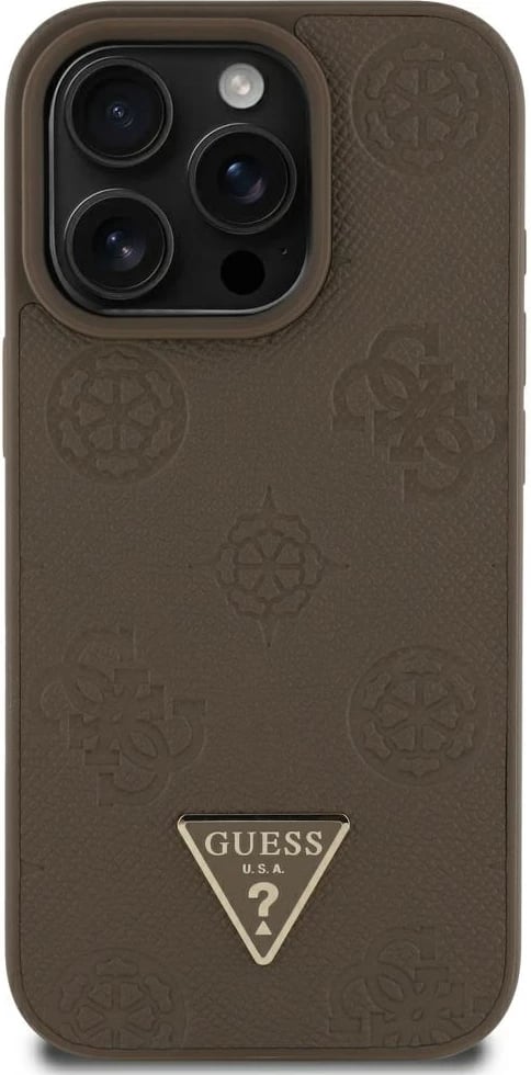 Mbështjellës Guess Grained Hot Stamp Peony Triangle Logo MagSafe për iPhone 16 Pro Max, Kafe