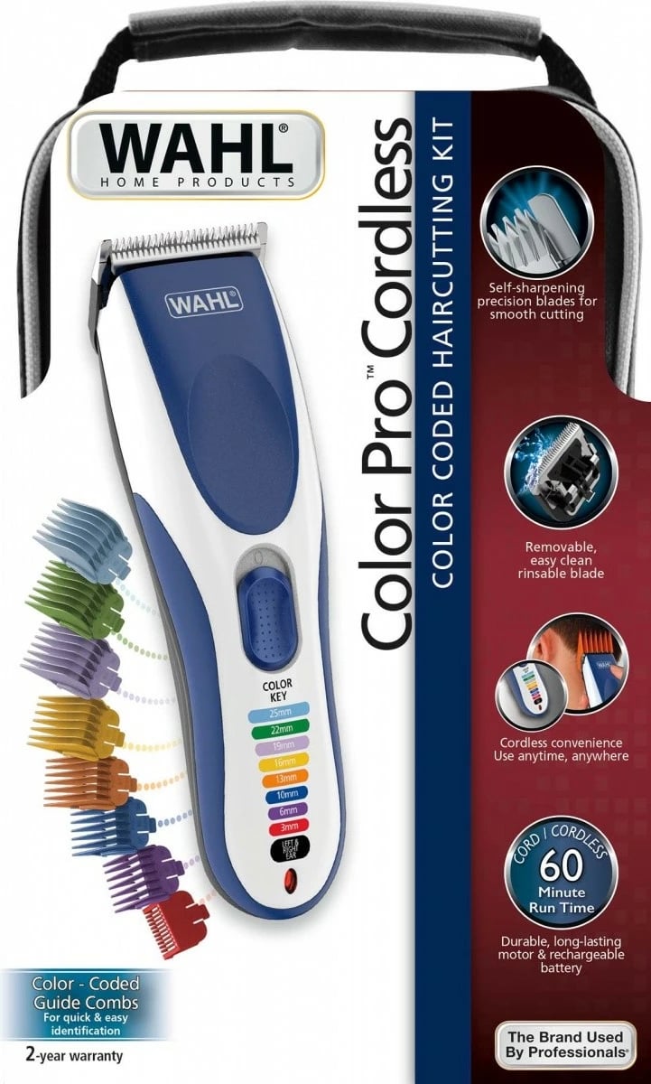 Makinë rroje flokësh Wahl Color Pro Cordless 09649-016, shumëngjyrëshe, set me 10 krehra