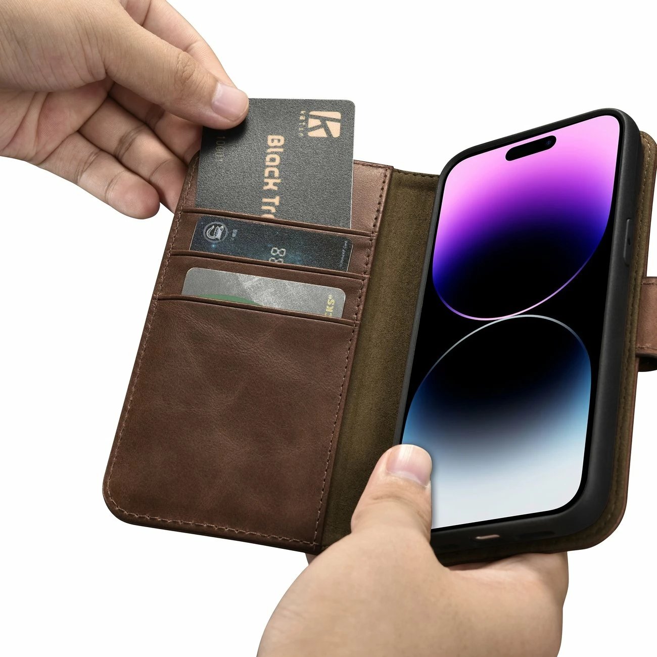 Mbështjellës iCarer Oil Wax Wallet 2in1 për iPhone 14 Pro, lëkurë natyrale, kafe