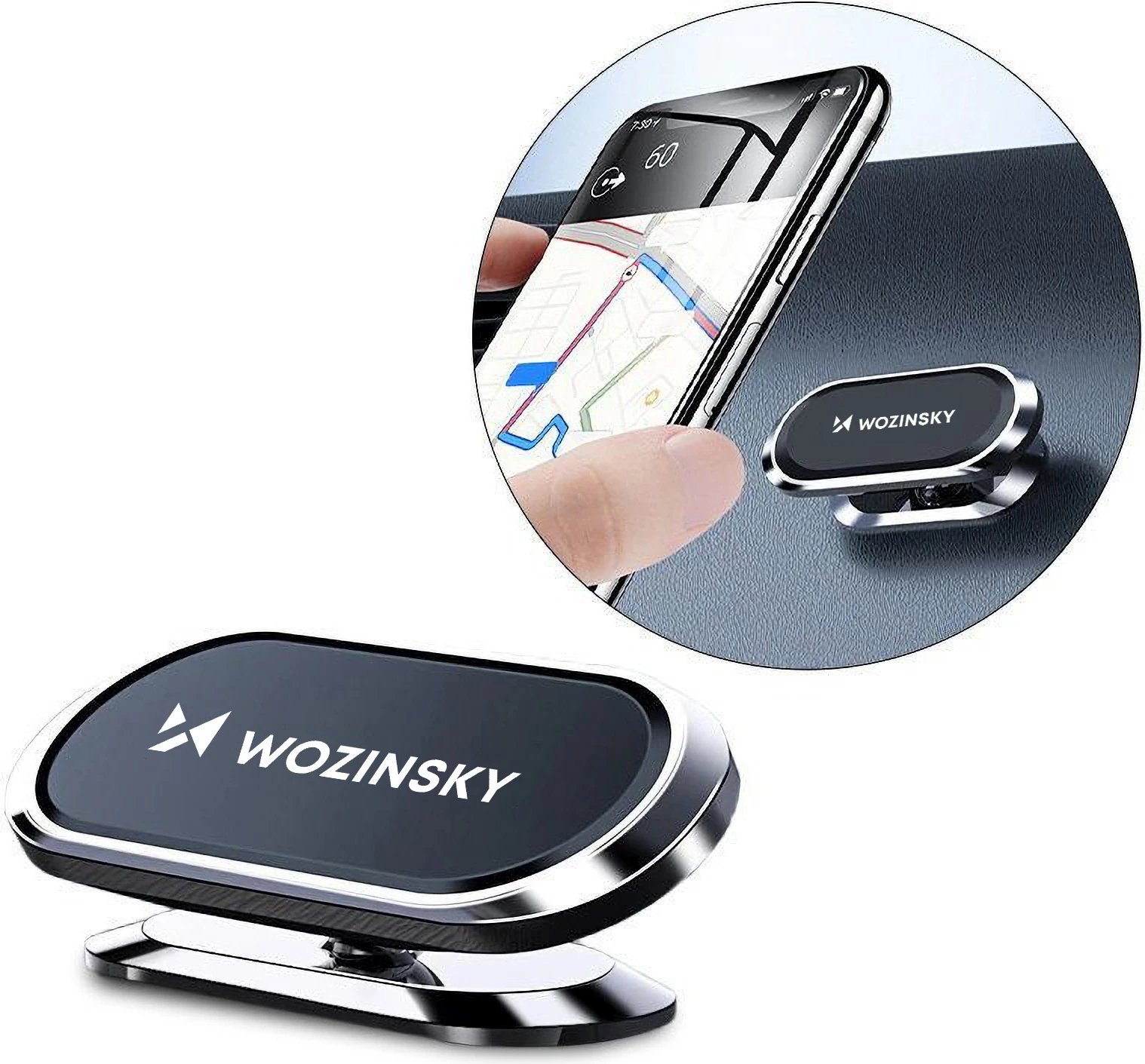 Mbajtës magnetik për telefon Wozinsky WMH-06, vetë-ngjitës, rrotullim 360°, argjendtë/zi