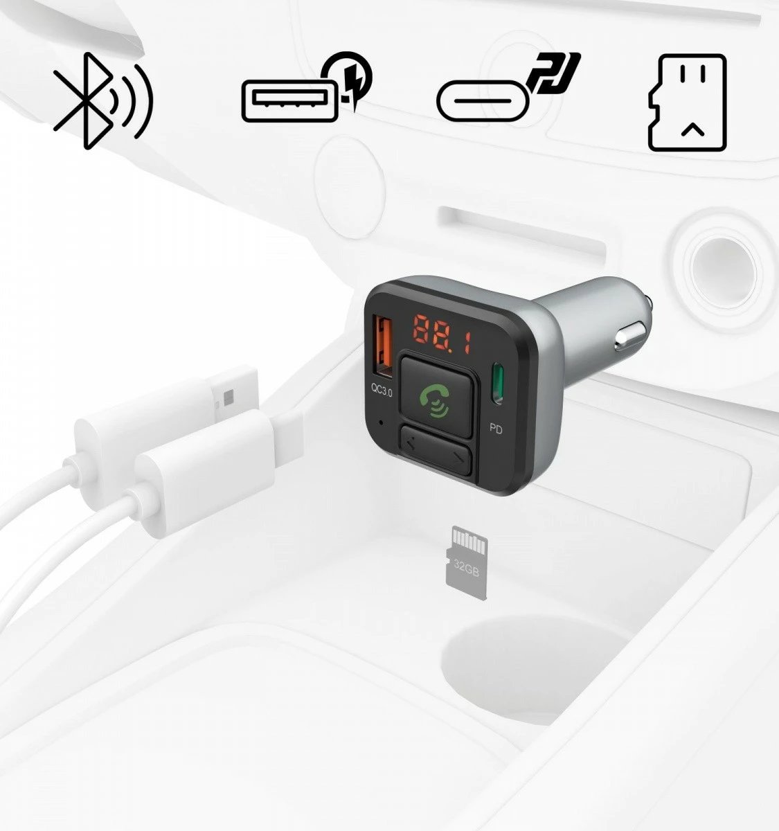 Transmetues FM me Bluetooth Hama 14169, karikues 20W, argjendtë