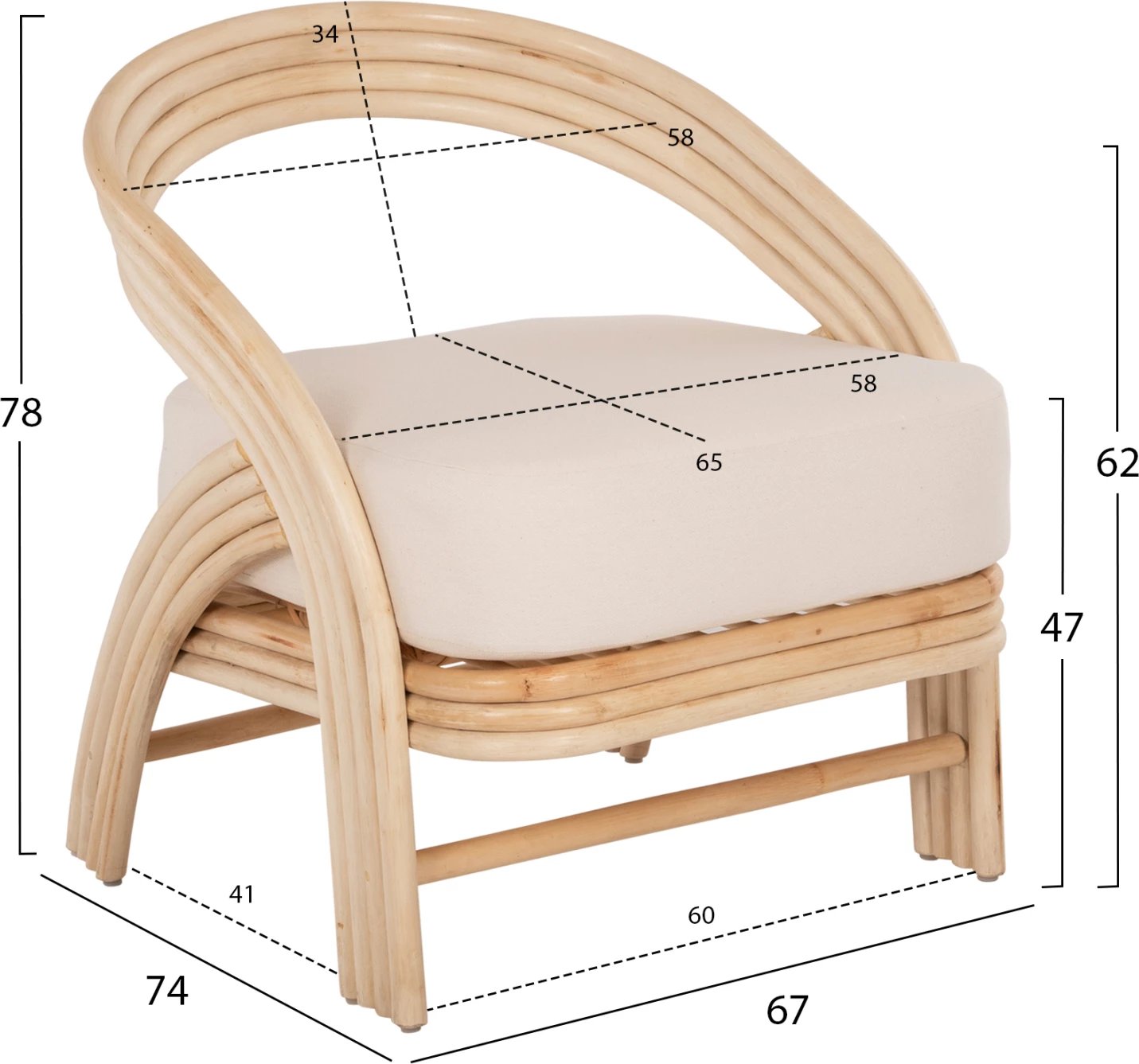 Karrige Donita FH9838 ratan natyral me jastëk të bardhë 67x74x78H cm.
