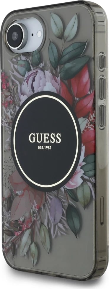 Mbështjellës Guess IML Flowers MagSafe për iPhone 16e, i zi Mbështjellës Guess IML Flowers MagSafe për iPhone 16e, i zi