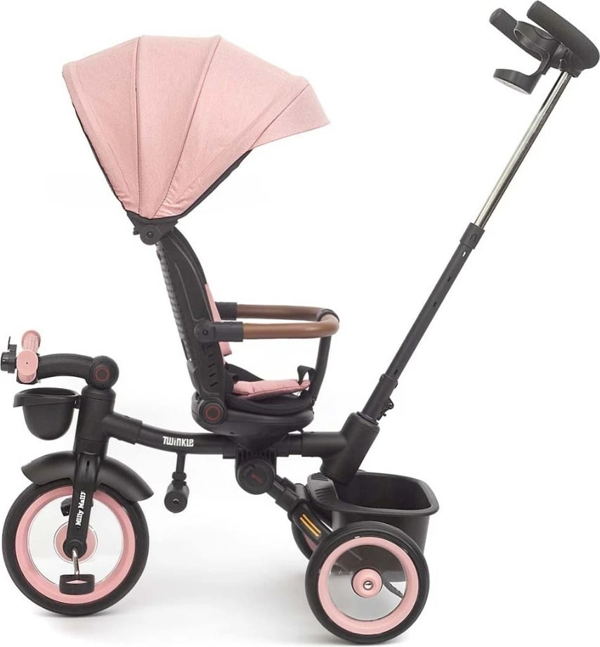tricikël fëmijësh, Milly Mally Twinkle, sedilje rrotulluese 180°, timon prindëror i rregullueshëm, dritë LED, 12+ muaj, rozë