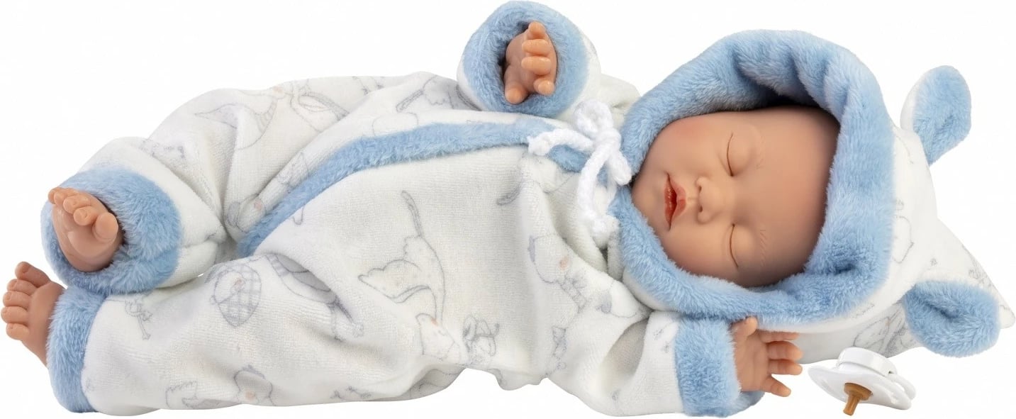 Kukull bebe, Llorens 63311, 32 cm, bark i butë pambuku, duar/këmbë/kokë vinyl, djalë, me smoc dhe veshje, e bardhë/blu