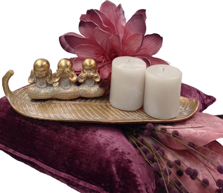 Dekor Mahatma, gjethe, polirezine, ngjyrë ari, 44x16x11cm