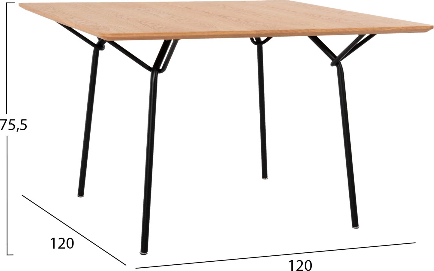 Tavolinë ngrënie katrore, TRENK FH9614.01, MDF me furnir lisi, këmbë metalike të zeza, 120x120x75H cm