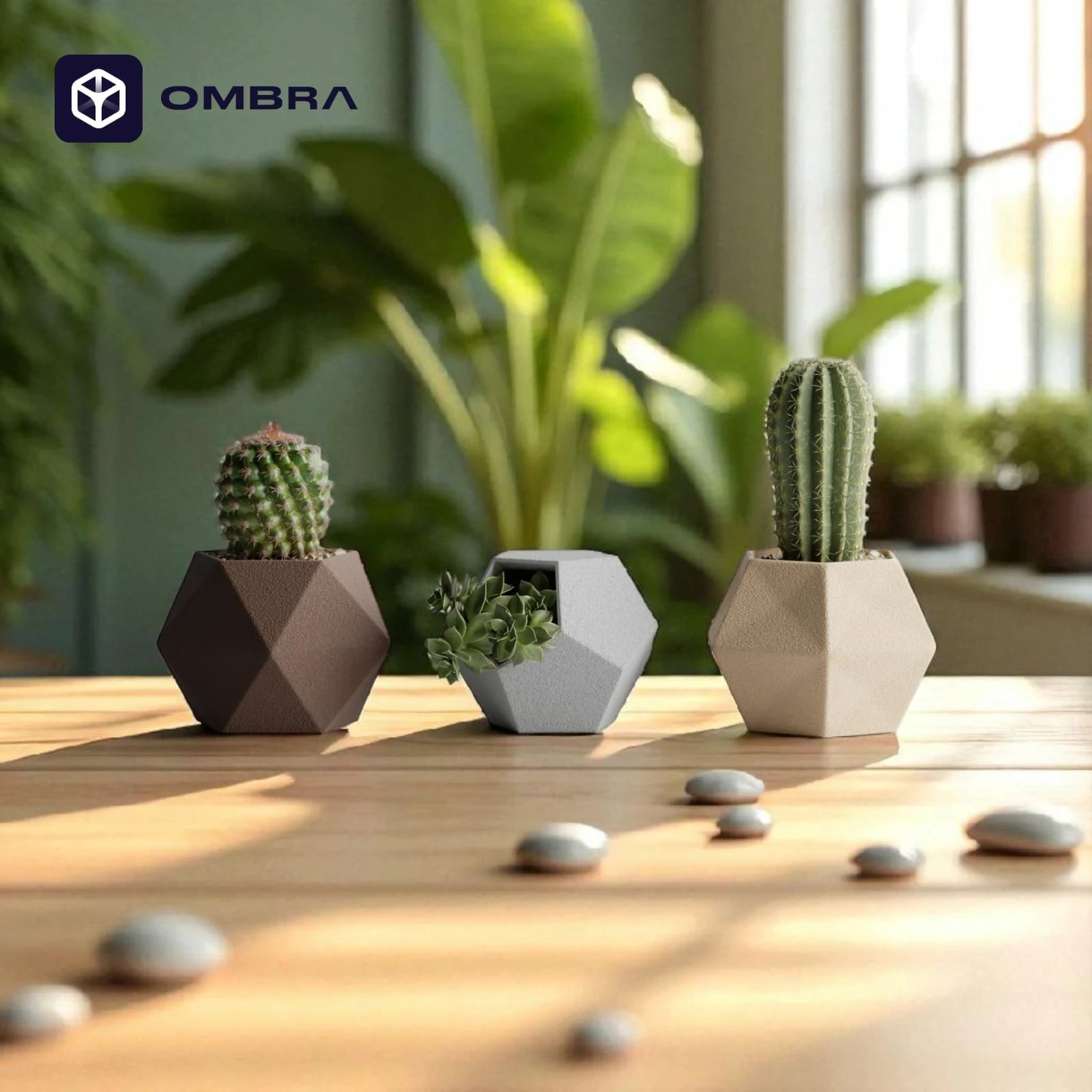 Set me 3 Vazo - Plant Pot GeoTrio (Ngjyrë kafe, hiri, gjelbërt "marble")