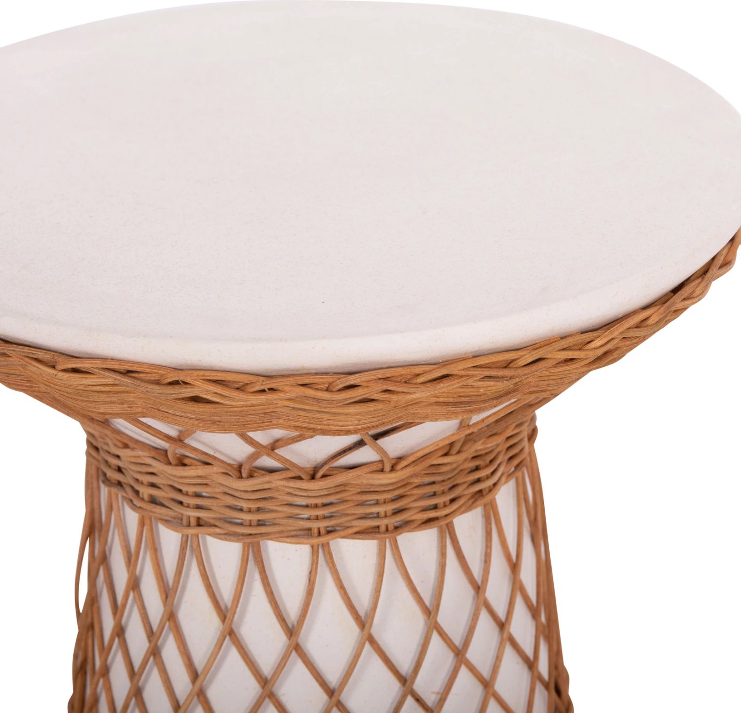 Tavolinë anësore e rrumbullakët Delia, çimento fiber e bardhë & ratan, FH18167.02, 40x45cm