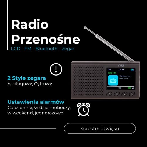 Radio portative FM, Adler AD 1198, Bluetooth 5.0, ekran LCD me ngjyra 2.4", memorie 20 stacione, bateri 1200 mAh