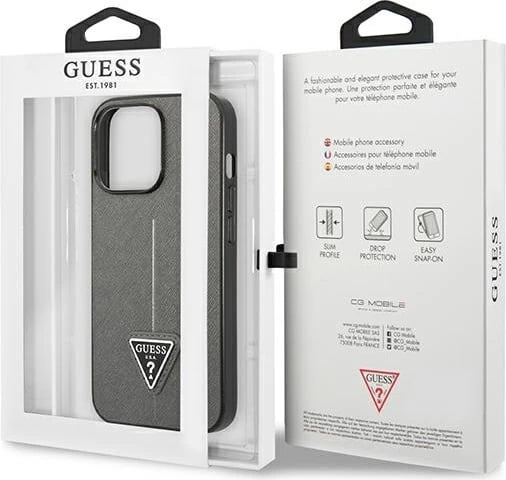 Mbështjellës Guess SaffianoTriangle Logo për iPhone 14 Pro Max 6.7", argjendtë Mbështjellës Guess SaffianoTriangle Logo për iPhone 14 Pro Max 6.7", argjendtë