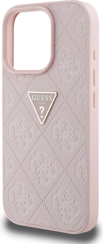 Mbështjellës Guess Hot Stamp 4G Pattern Triangle Metal Logo për iPhone 16 Pro Max, Rozë