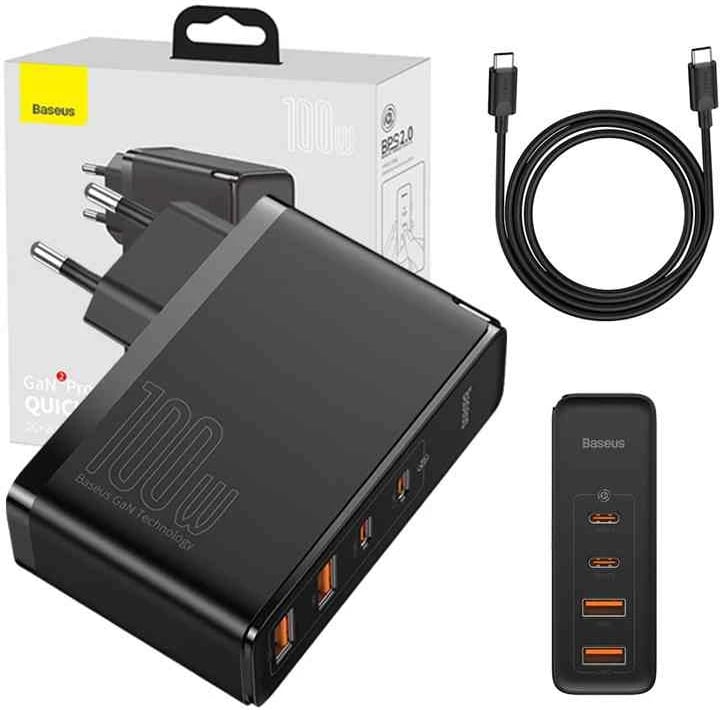 Karikues udhëtimi Baseus GaN2 Pro, 100W, 2x USB-C + 2x USB-A, i zi