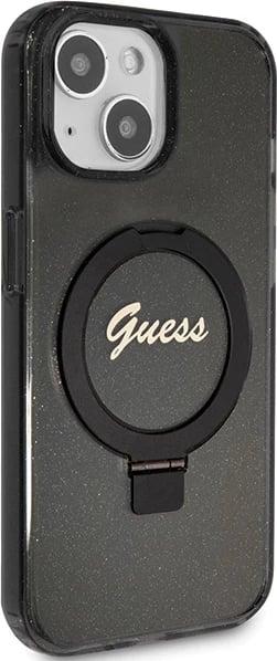 Mbështjellës Guess Ring Stand Script Glitter MagSafe për iPhone 15, i zi