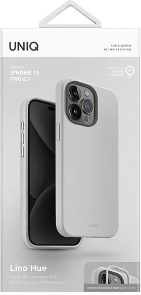 Mbështjellës UNIQ Lino Hue Magclick për iPhone 15 Pro Max, silikon, MagSafe, gri e çelët