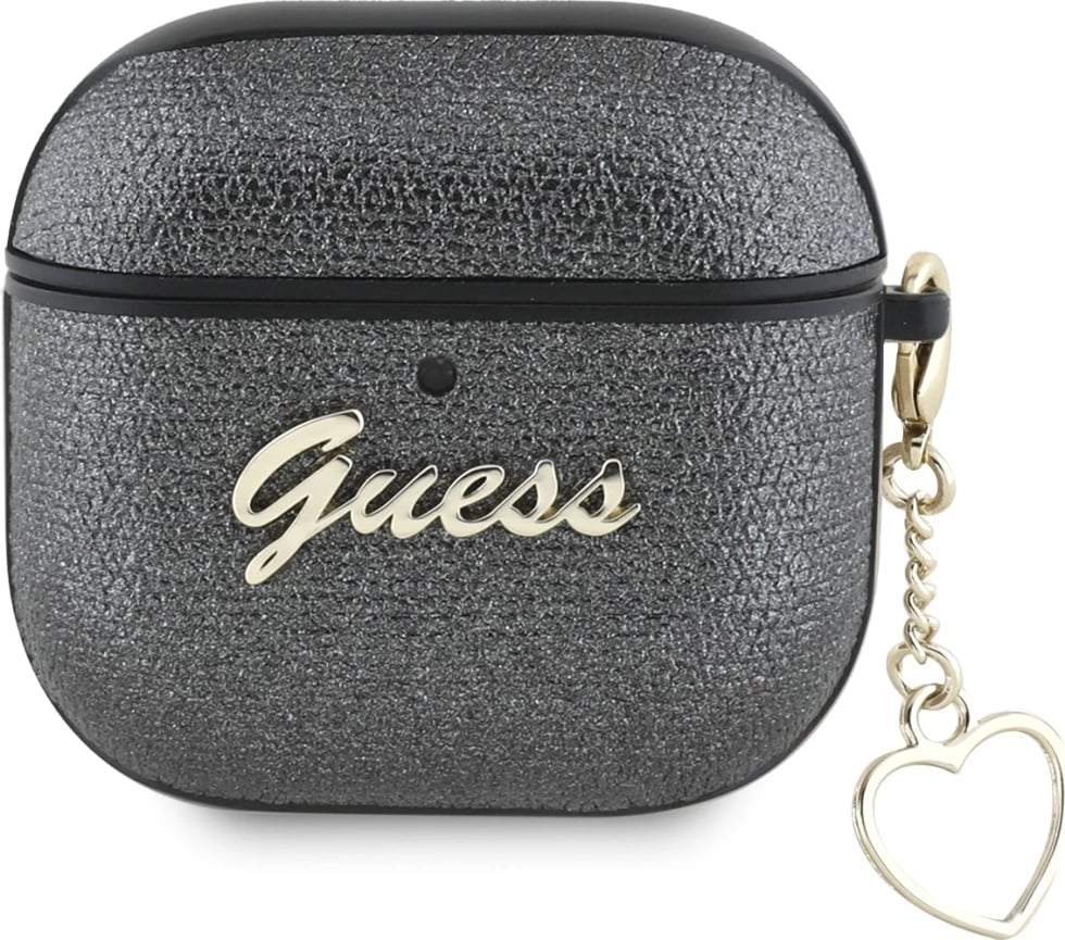 Mbështjellës Guess Metallic Script Charm për AirPods 4, i zi