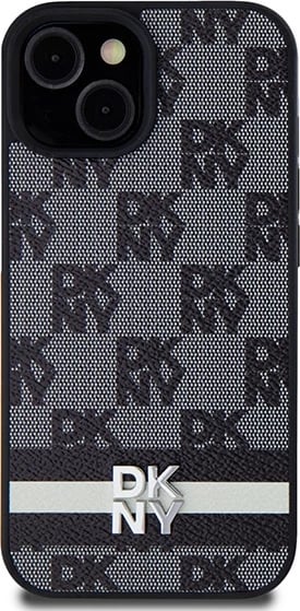 Mbështjellës DKNY Leather Checkered Mono Pattern & Printed Stripes për iPhone 15/14/13, i zi