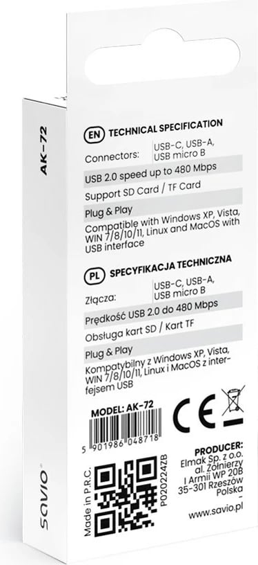 Lexues kartelash SD 3-në-1 Savio AK-72, USB-C, USB-A 2.0, Micro USB, Gri