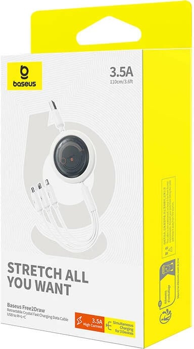 Kabllo karikimi 3-në-1 Baseus Free2Draw, USB në micro USB + USB-C + Lightning, 1.1m, e bardhë