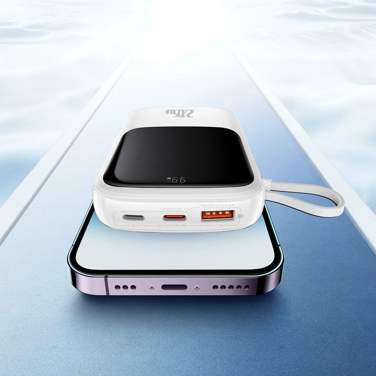 Powerbank Baseus Qpow Digital Display 10000mAh, 22.5W, me kabllo USB-C të integruar, Bardhë
