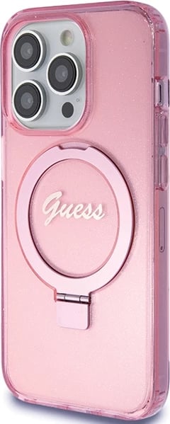 Mbështjellës Guess Ring Stand Script Glitter MagSafe për iPhone 15 Pro, Rozë