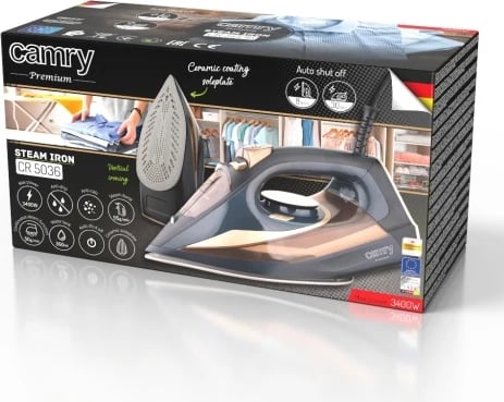 hekur me avull, Camry CR 5036, 3400W, shollë qeramike, depozitë 360ml, zi-ari
