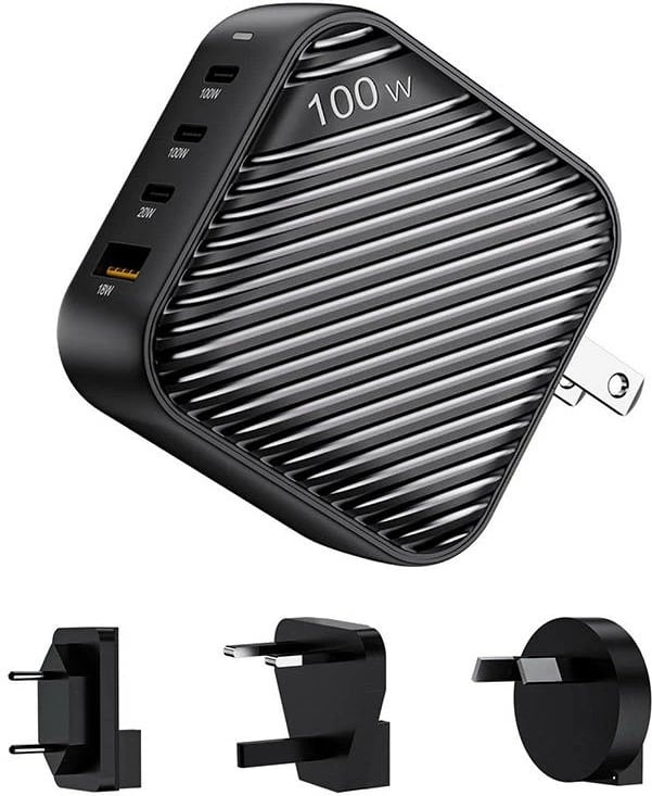 Karikues INVZI GanHub, 100W, 3x USB-C + 1x USB-A, me adapterë udhëtimi, i zi