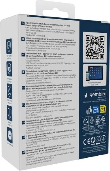 Karikues GEMBIRD TA-UC-2A2C-PD65-01-BK për laptop e celular, 65W, 4 porta USB, i zi