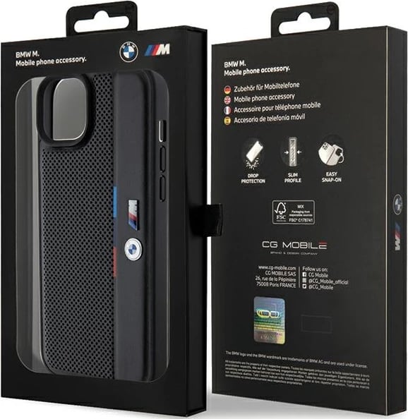 Mbështjellës BMW Perforated Tricolor Line për iPhone 15 Plus / 14 Plus, i zi