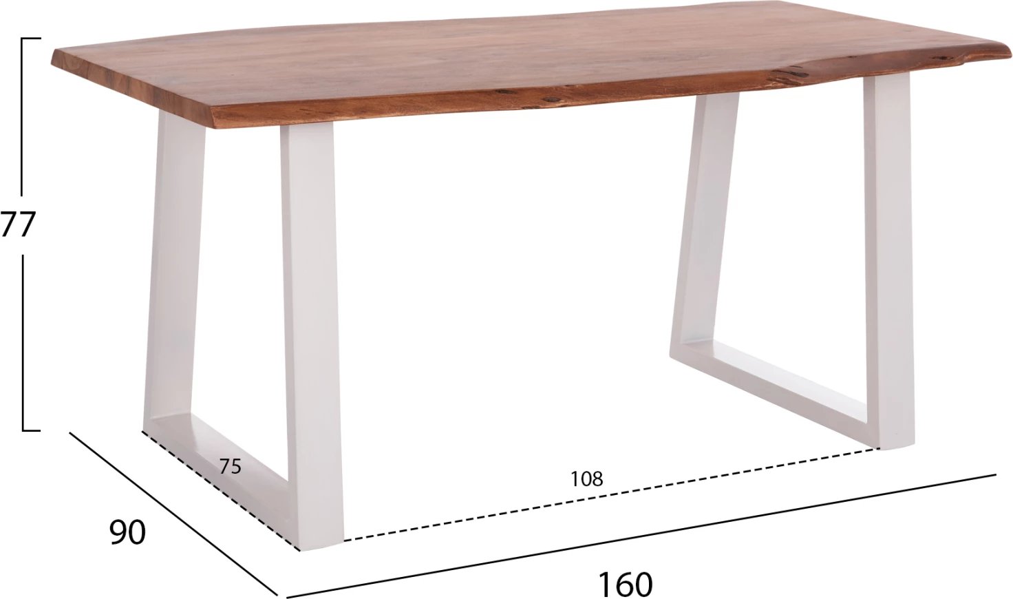 Tavolinë ngrënieje Montana, dru akacie, këmbë të bardha, 160x90x77cm