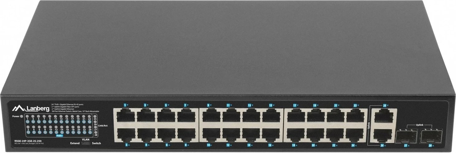 Switch Lanberg RSGE-24P-2GE-2S-250, 24x PoE+ Gigabit, 2x SFP, 2x Gigabit uplink, rack 19", 250W