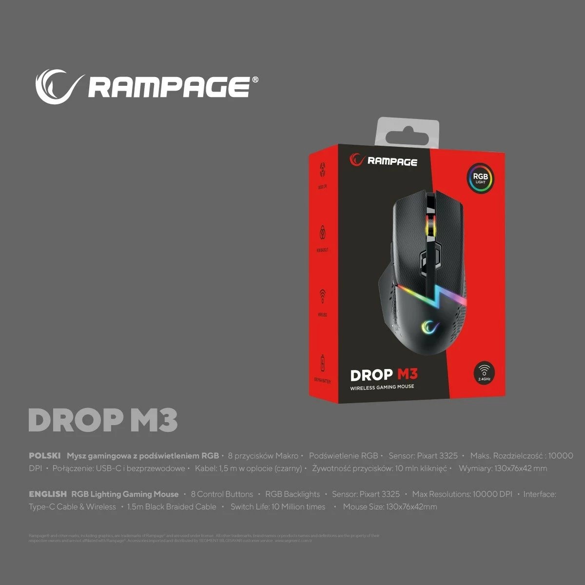 Maus Rampage DROP M3 RGB 1000Hz, i zi