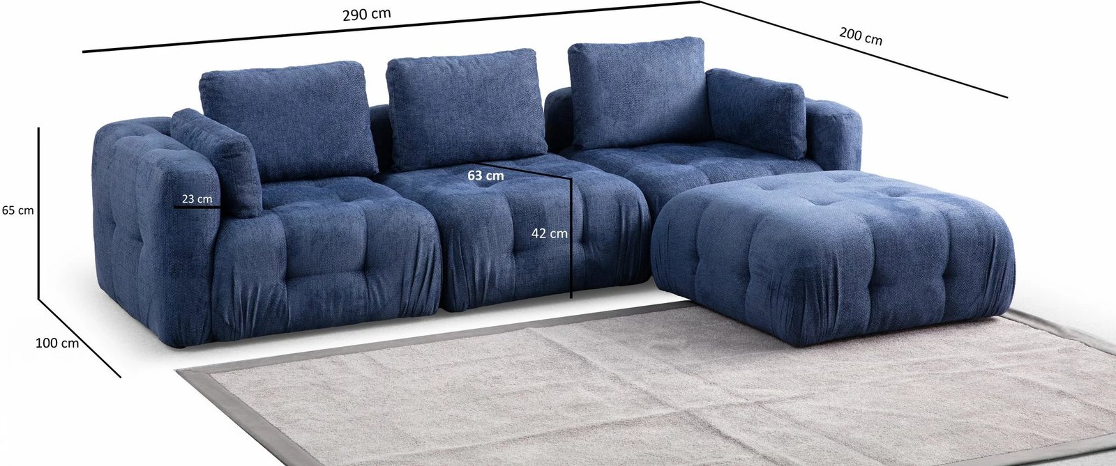 Këndare Amaris 3 vende me pouffe, ngjyrë navy blue