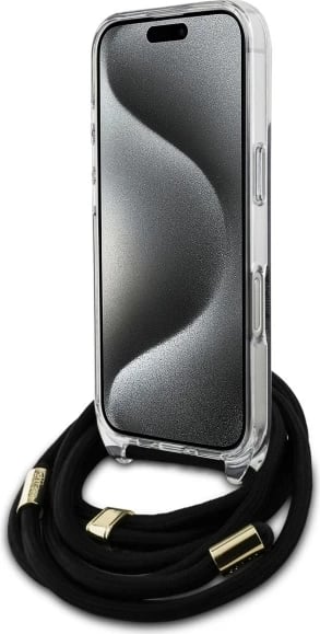 Mbështjellës Guess Crossbody Cord 4G Print për iPhone 16 Pro, i zi