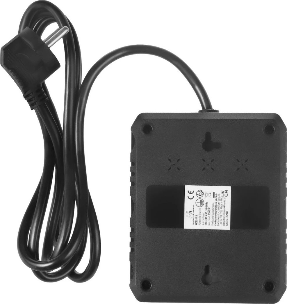 Prizë zgjatëse Maclean MCE387 B, 2 Schuko + 3 USB, 2500W, kabllo 1.5 m, me ndërprerës, e zezë