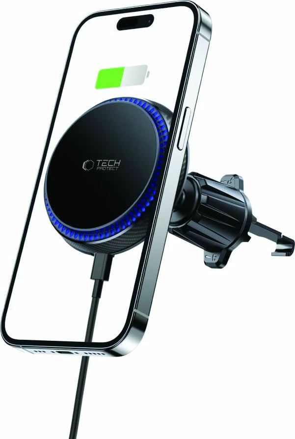Mbajtës magnetik për celular me karikues wireless Tech-Protect MM15W-V4, për ventilim makine, 15W, i zi