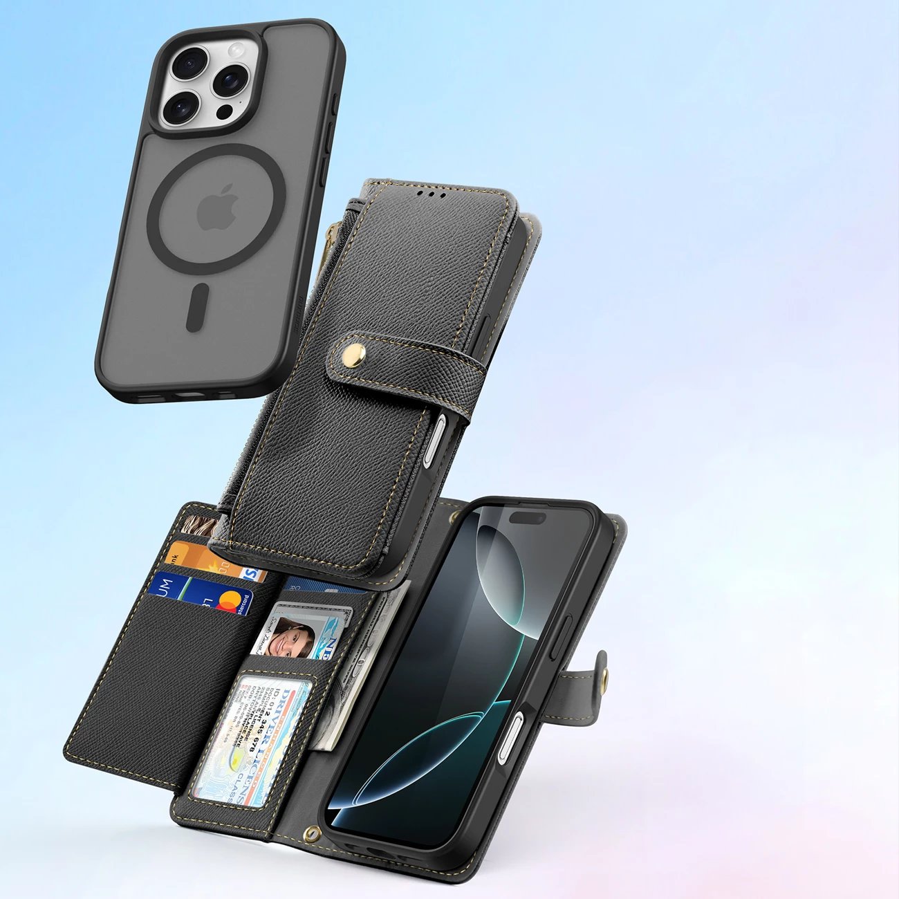 Mbështjellës Dux Ducis Lawa për iPhone 16 Pro Max, lëkurë, me portofol magnetik, i zi