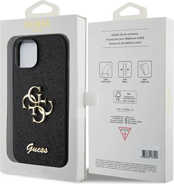 Mbështjellës Guess Glitter Script Big 4G për iPhone 15, i zi Mbështjellës Guess Glitter Script Big 4G për iPhone 15, i zi