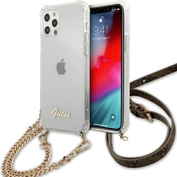 Mbështjellës Guess GUHCP12MKC4GSGO për iPhone 12/12 Pro 6.1", transparent me zinxhir të artë