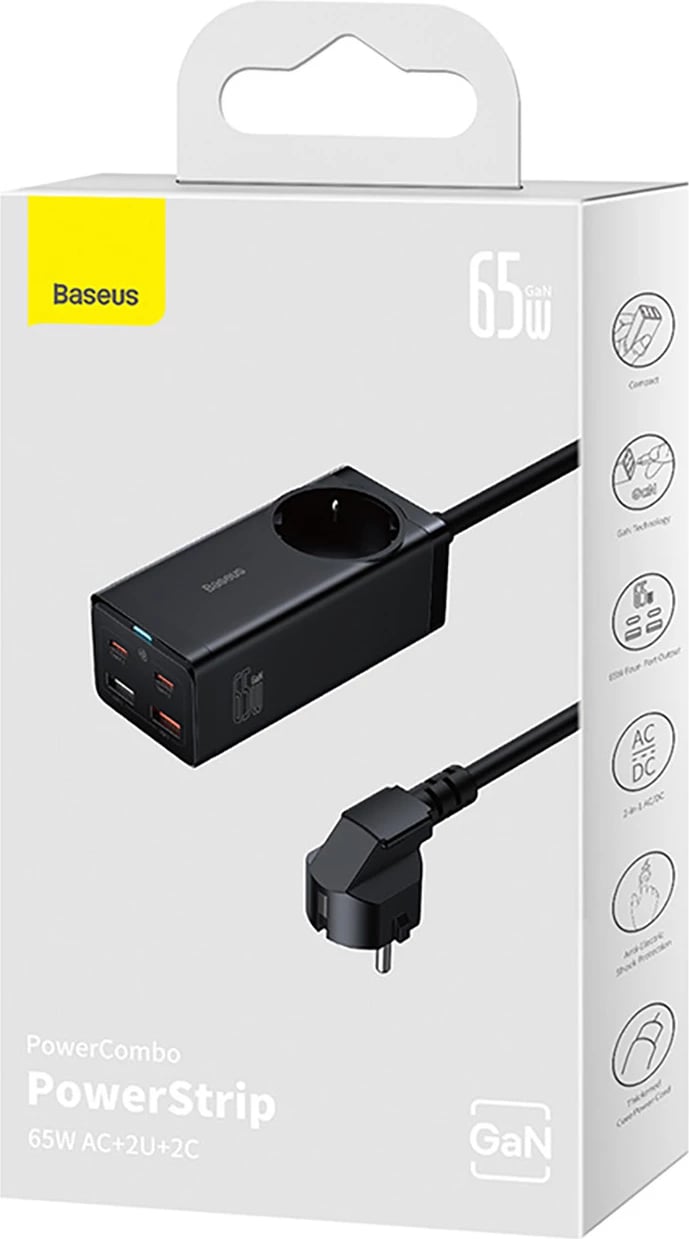 Stacion karikimi Baseus GaN3 Pro 65W EU me 2x USB-C, 2x USB-A dhe kabllo USB-C 100W 1m, Zi